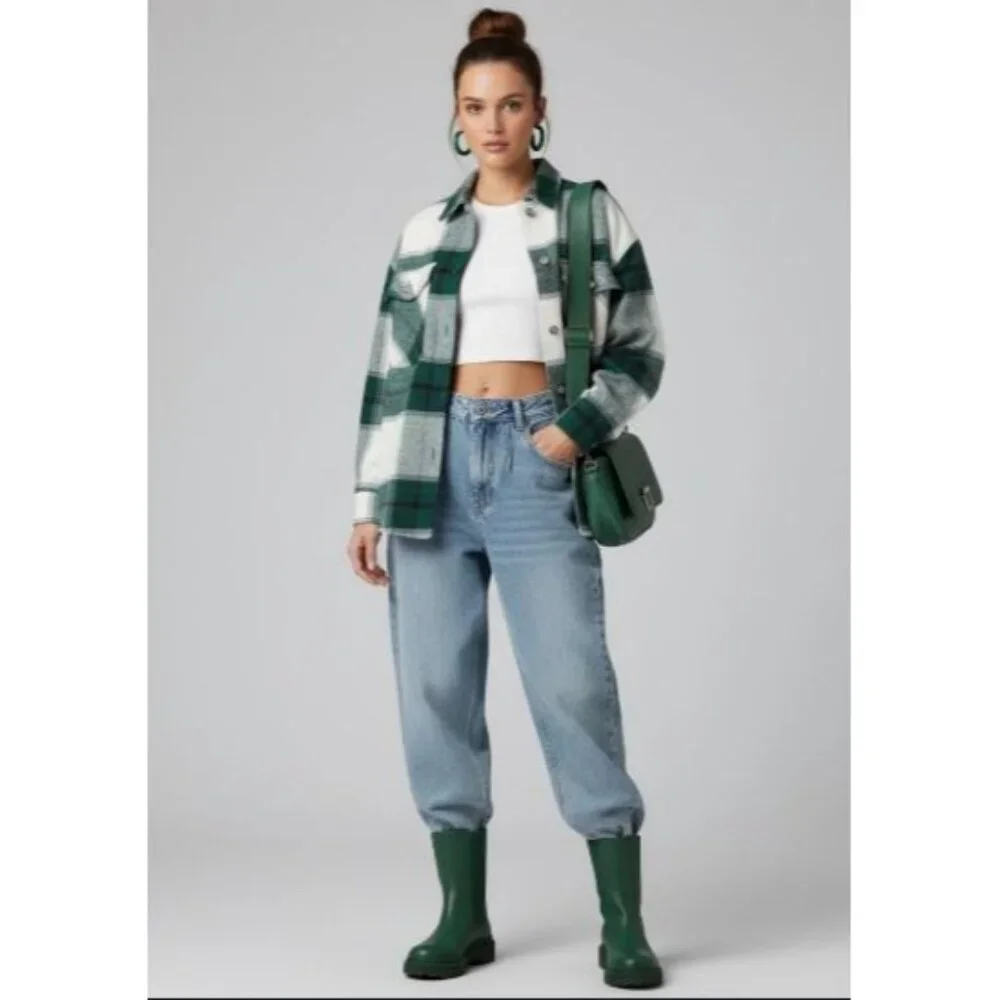 Avec Les Filles Green White Buffalo Plaid Wool Blend Shacket Overshirt - Picture 7 of 13